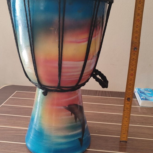 Wooden handmade djembe used, hand-painted tropical design 30x28 cm