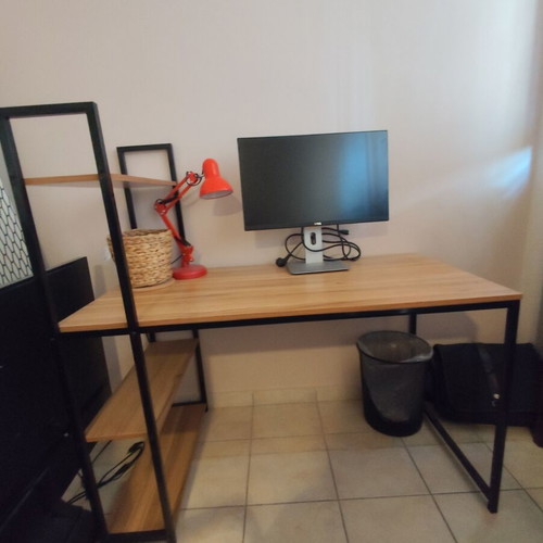 Desk with integrated shelf, wood and metal