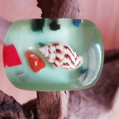 Blown glass ring with shell in transparent green color new