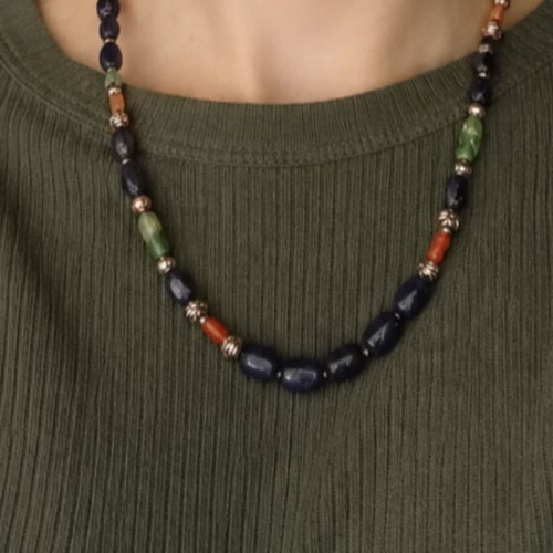 Handmade necklace with natural turquoise, lapis, and coral stones