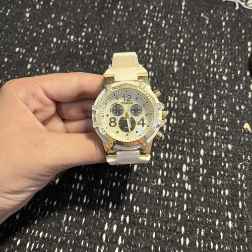 Mulco Chronograph watch with gold and white silicone strap, like new