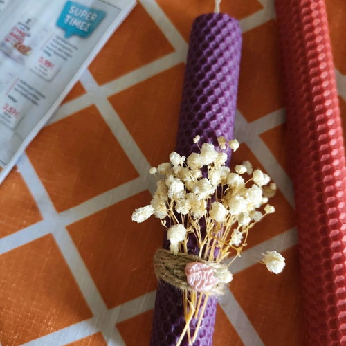 Beeswax candle handmade, purple color