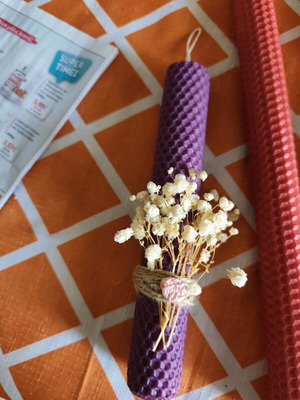Beeswax candle handmade, purple color