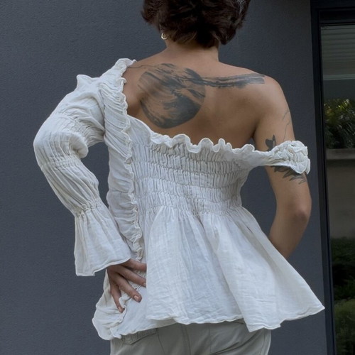 Maison Mume Handmade Asymmetric Off-Shoulder Ruched Top like new, cotton linen mix