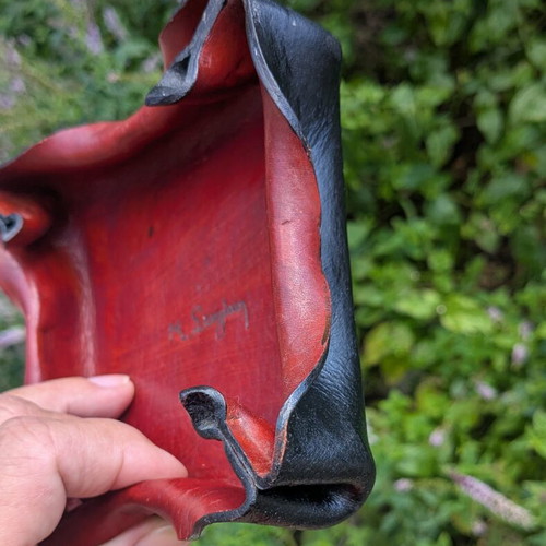 Vintage handmade leather catchall tray by M. Stagaki, 1984