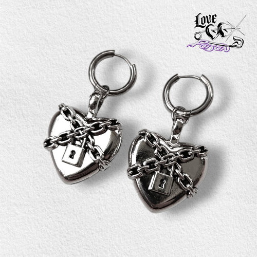 Love X Poison Handmade Stainless Steel Silver Hoop Earrings with Chained Lock Heart Charms