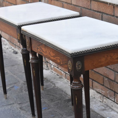 French vintage side tables used, pair with marble and marquetry