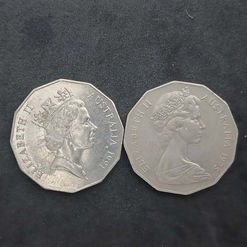 Set of 2 Australian 50 cents coins 1975 and 1991 used