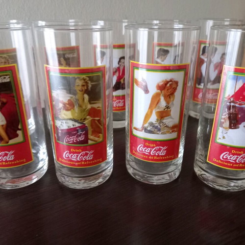 Coca-Cola set of 14 vintage promotional glasses new, 4 designs