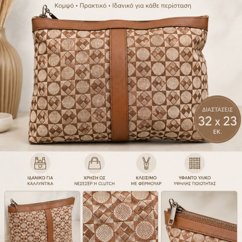 Clutch with geometric pattern in beige and brown, like new