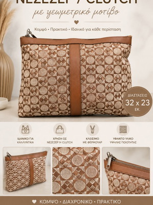 Clutch with geometric pattern in beige and brown, like new