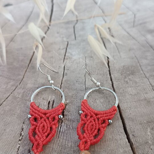 Macrame earrings with jasper bead new, orange