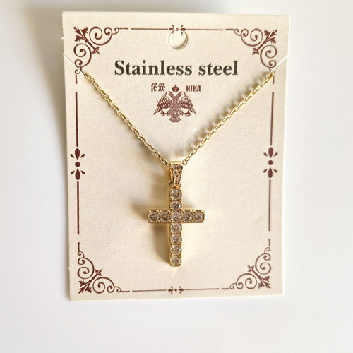 Cross pendant new, gold plated stainless steel with zircon stones