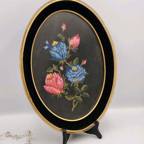 Vintage hand embroidered tapestry used with wooden frame and glass