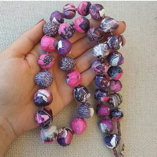 Long handmade bow tie necklace in purple and pink