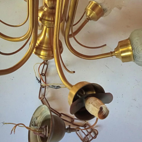 Brass 6-Light Vintage Ceiling Lamp used, 1970s with opaline shades