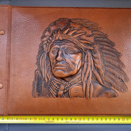 Leather photo album like new with embossed Native American chief design