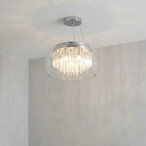 Pendant light with transparent glass shade and decorative rods
