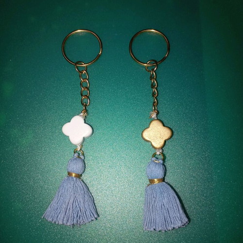 Set of 2 Keychains Light Blue Pom Pom, Wooden White and Gold Cross New, Handmade, for bag