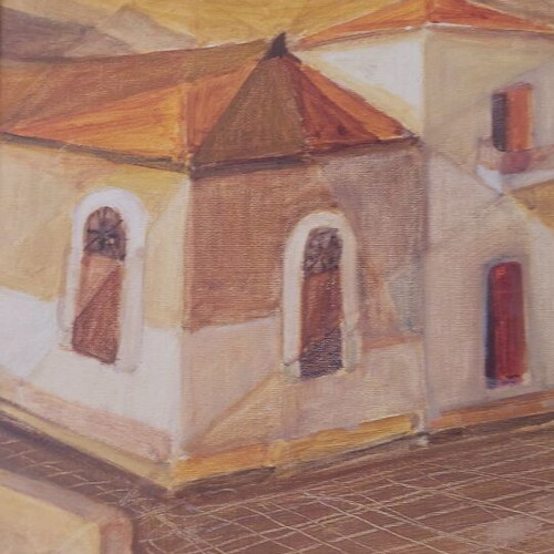 Painting by Y. G. Androulakis used, landscape with castle and settlement