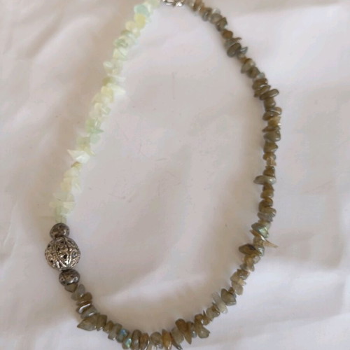Handmade necklace new with green stones and silver details