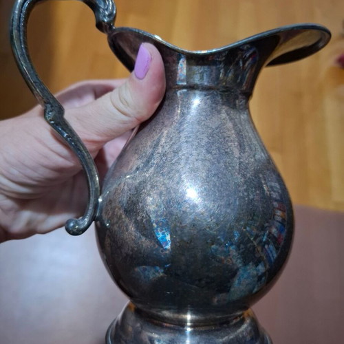 Vintage Lambros Metal Pitcher with Embossed Handle and Classic Curve