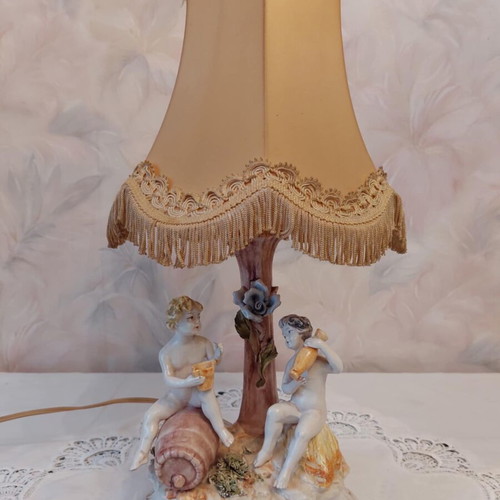 Bassano Porcelain Table Lamp with Romantic Cherubs, Like New