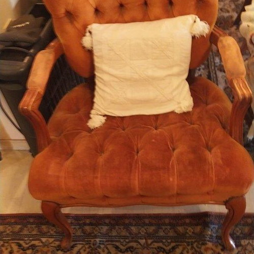Classic armchairs pair used, terracotta velvet upholstery