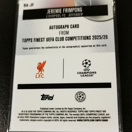 Jeremie Frimpong BA-JF Topps Finest UEFA Club Competitions 2025/26 certified autograph card Liverpool FC