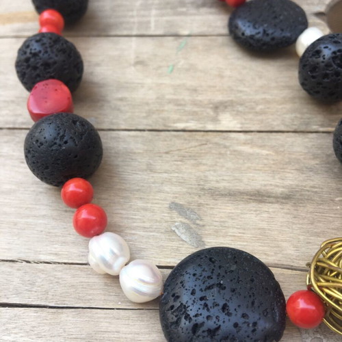 Handmade necklace new with lava, coral and pearl