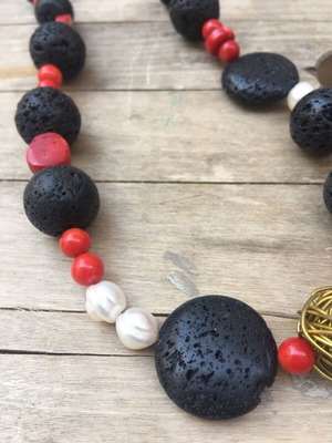 Handmade necklace new with lava, coral and pearl