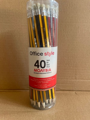 Pencils with eraser red silver & yellow black HB, set of 40