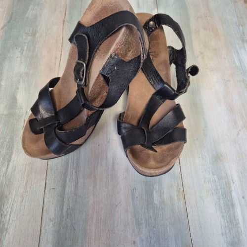 Plakton black leather platform sandals used, size 40, 8 cm heel
