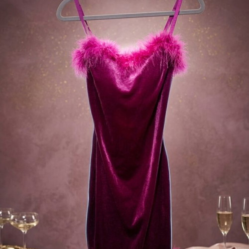 Mini dress with feathers like new, velour, fuchsia