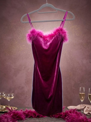 Mini dress with feathers like new, velour, fuchsia