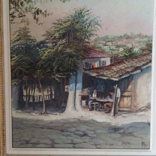 Painting used with Poli signature, traditional village scene