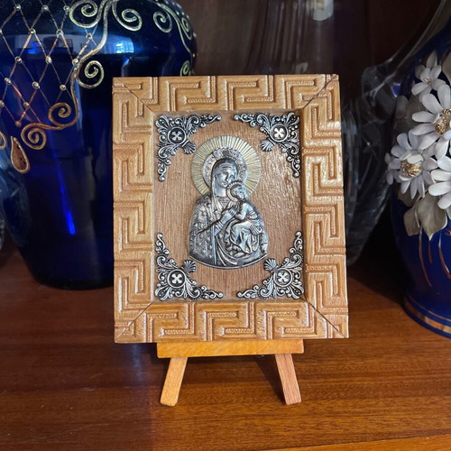 Vintage small wooden icon with silver details like new