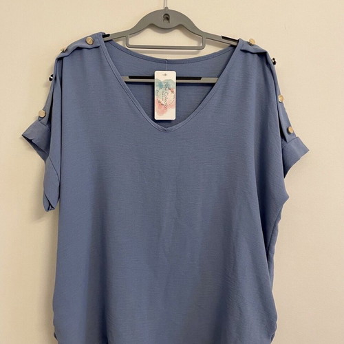 Blue bat sleeve blouse with metal details, one size