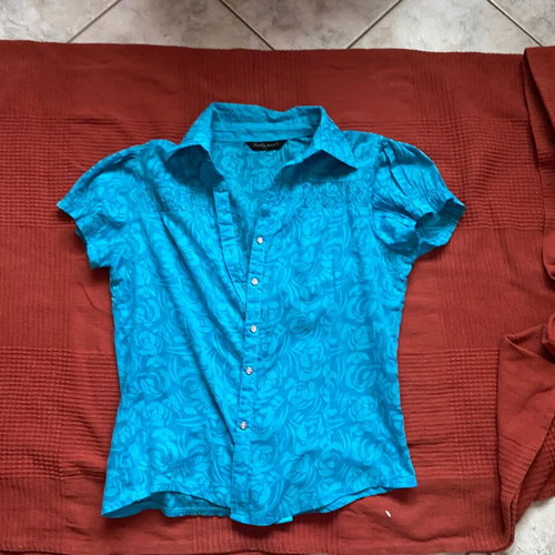 Turquoise short-sleeve shirt, floral pattern, women's