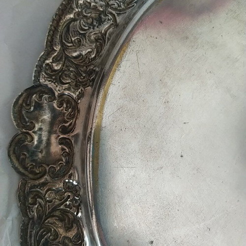 Silver-plated antique handmade tray used, diameter 34 cm