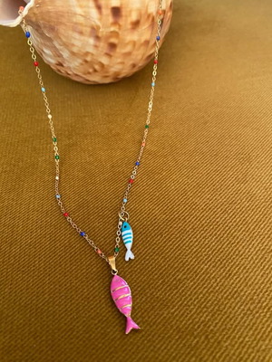 Handmade colorful necklace with beads and fish-shaped charms new