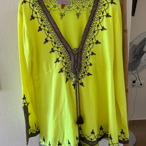 Majorelle caftan in bright fluorescent color with handmade embroidery, new, size S