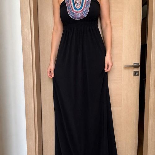 Moutaki black maxi dress like new with boho embroidery and halter neckline M/L