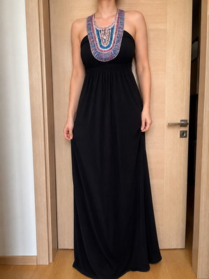 Moutaki black maxi dress like new with boho embroidery and halter neckline M/L