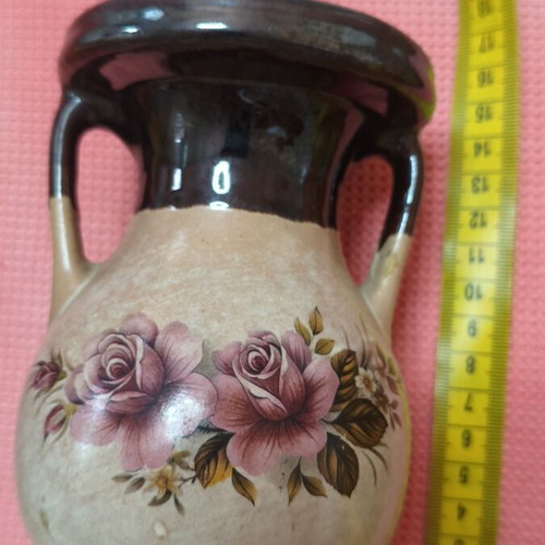 Vintage handmade ceramic vase amphora with roses, like new, 16 cm
