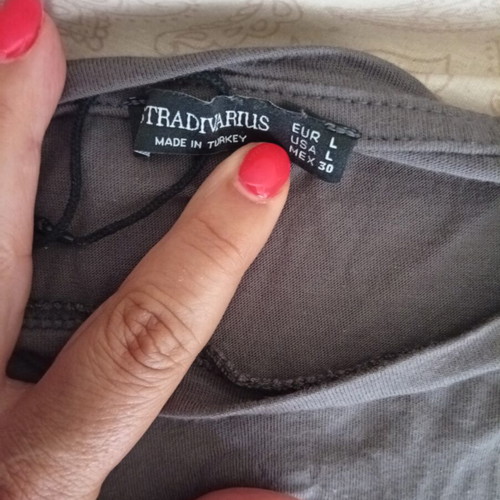 Stradivarius T-shirt, grey with pink floral print, size M