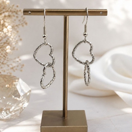 Double Heartbeat Handmade Earrings with Embossed Hearts, New