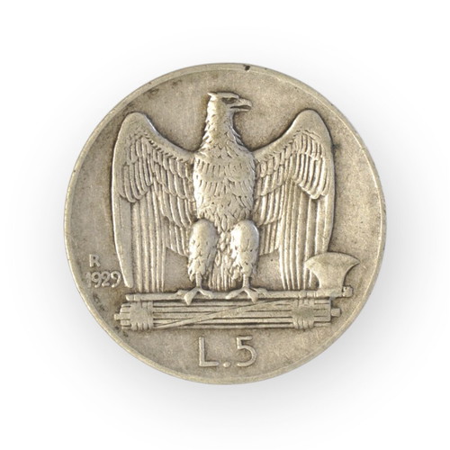 Italian silver coin 5 lire 1929 used