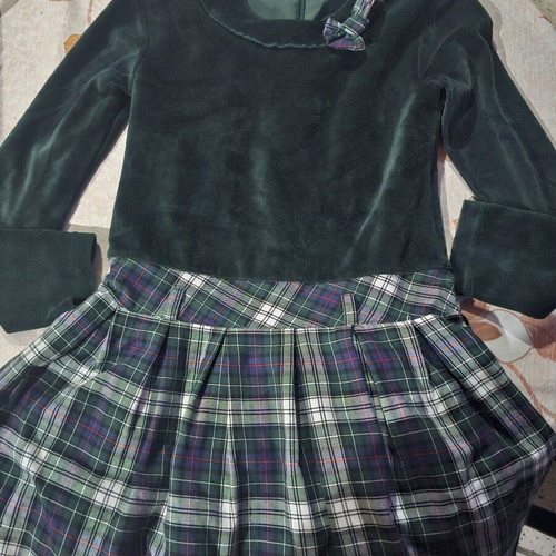 Velvet dress with plaid skirt for girl 12 years, like new, green