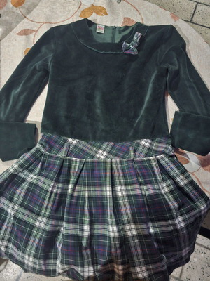 Velvet dress with plaid skirt for girl 12 years, like new, green